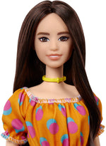 Barbie Fashionistas Doll Long Brunette Hair Wearing Orange Dress