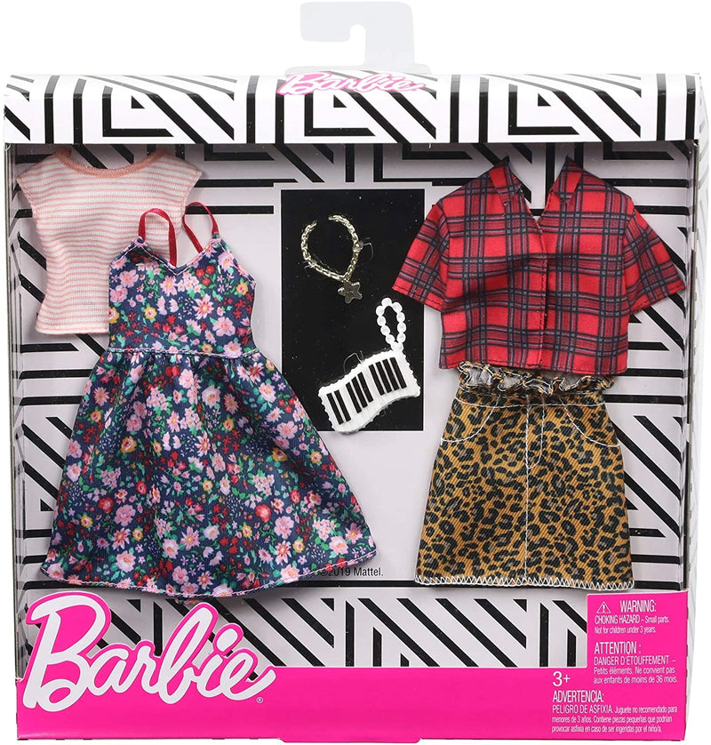 Barbie Clothes 2 Outfits Floral Dress, Striped T-Shirt, Animal Print Skirt, Plaid Top, Piano Key Purse and Necklace