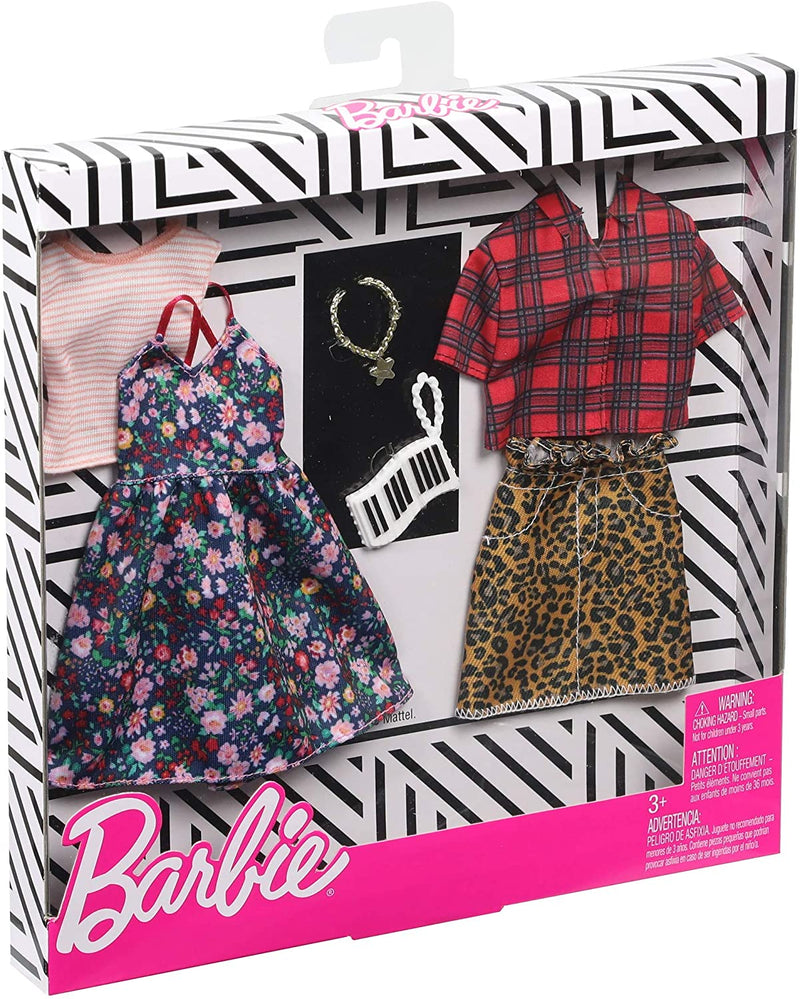 Barbie Clothes 2 Outfits Floral Dress, Striped T-Shirt, Animal Print Skirt, Plaid Top, Piano Key Purse and Necklace