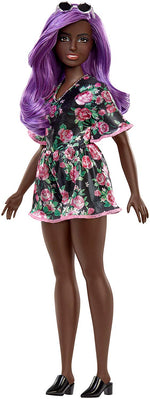 Barbie Fashionistas Doll with Purple Hair Wearing Black Floral Dress