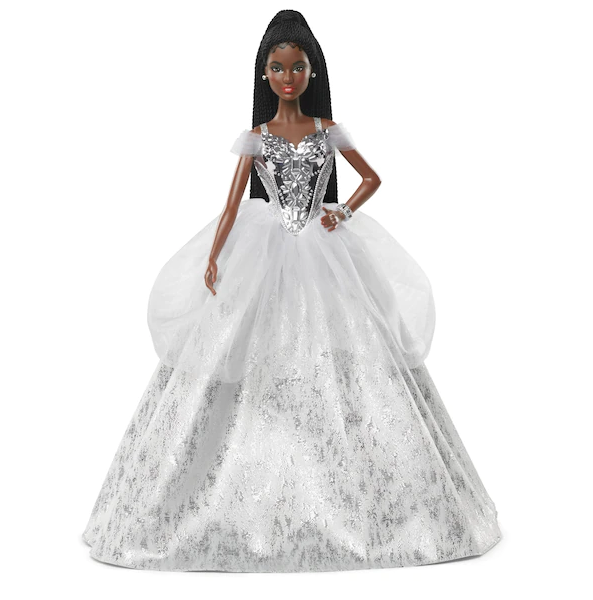 Barbie Signature 2021 Holiday Barbie Doll (12-inch, Brunette Braids) in Silver Gown