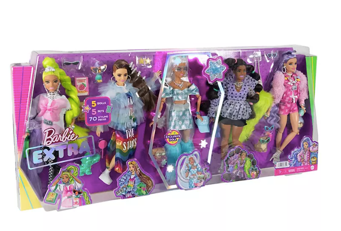 Barbie Extra 5-Doll Pack with 5 Pets & 70 Accessories