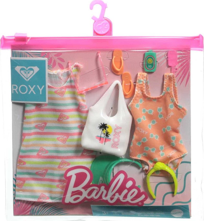 Barbie Storytelling Fashion Pack of Doll Clothes Inspired by Roxy: Striped Dress, Roxy Swimsuit & 7 Beach-Themed Accessories Dolls Including Frozen Treat