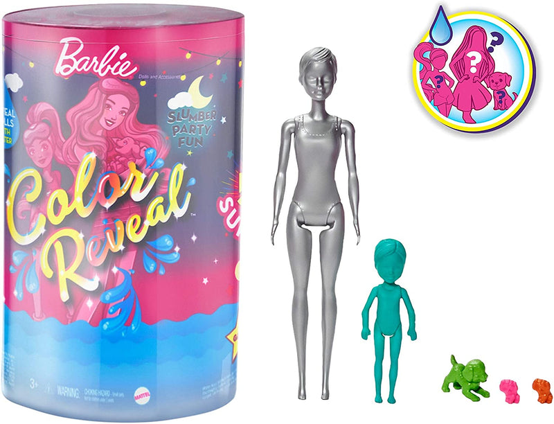 Barbie Color Reveal Set with 50+ Surprises Including 2 Dolls, 3 Pets & 36 Slumber Party Themed Accessories, 28 Mystery Bags