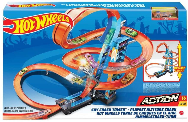 Hot Wheels Sky Crash Tower Track Set 2.5 Ft High, Motorized Booster and 1 Car