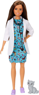 Barbie Pet Vet Brunette Doll with Career Pet print Dress, Medical Coat, Shoes and Kitty Patient