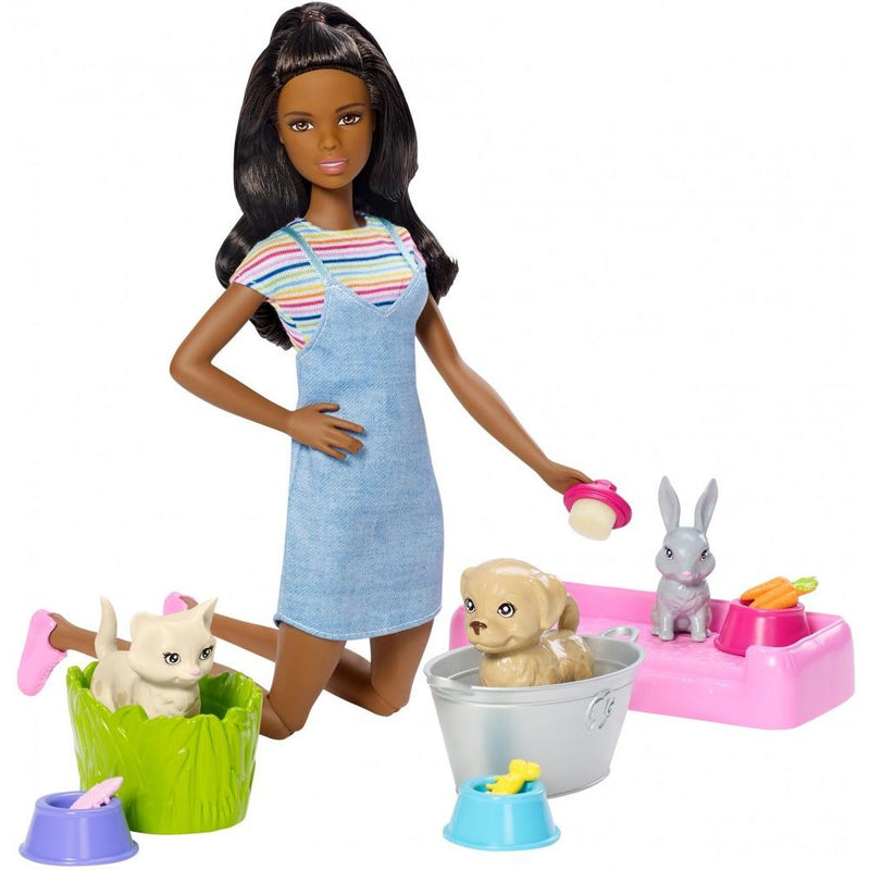 Barbie Play 'n Wash Pets Playset with Brunette Barbie Doll and 3 Color-Change Animal Figures