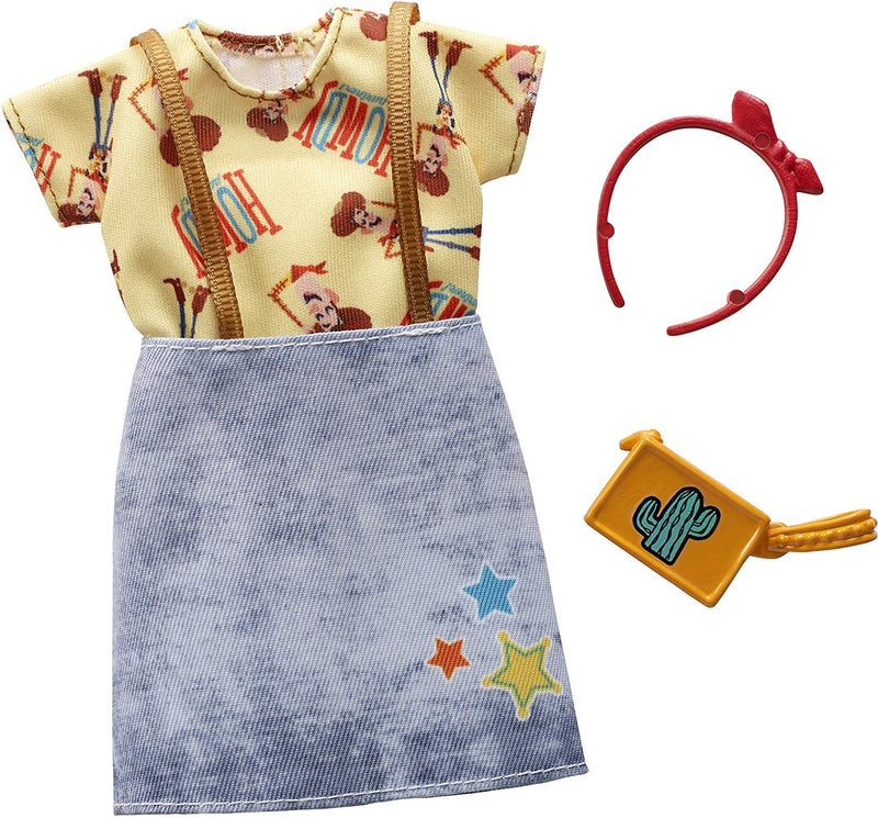 Barbie Toy Story Clothes: Woody Top, Denim Skirt with Suspenders, Purse, Headband