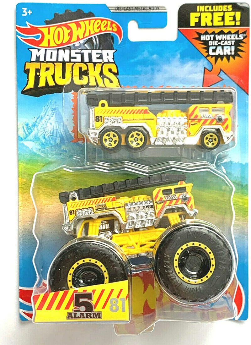 Hot Wheels Monster Trucks 5 Alarm Yellow with Free fire Truck Car