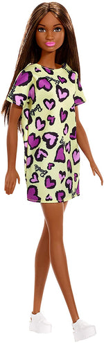 Barbie Doll Brunette Wearing Yellow and Purple Heart Print Dress