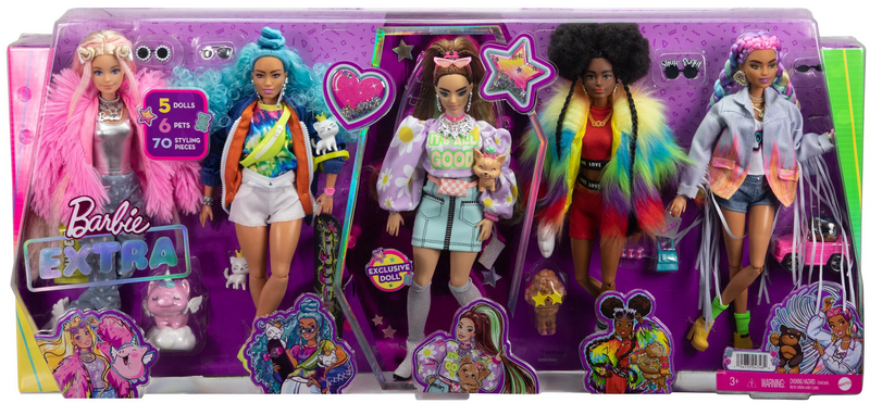 Barbie Extra 5-Doll Pack with 5 Pets & 70 Accessories