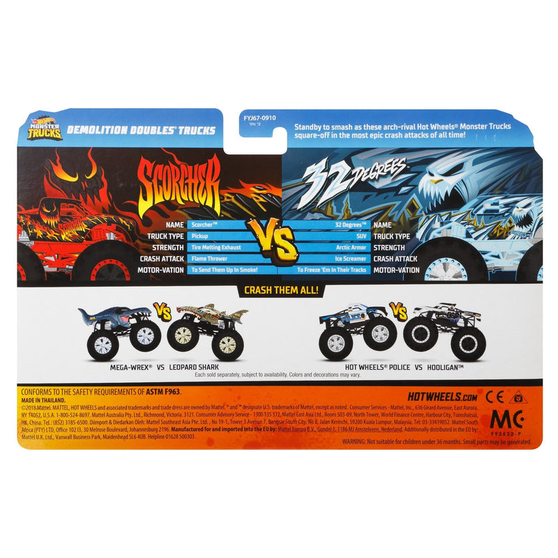 Hot Wheels Monster Trucks 1:64 scale demo doubles 2-pack (styles may vary)