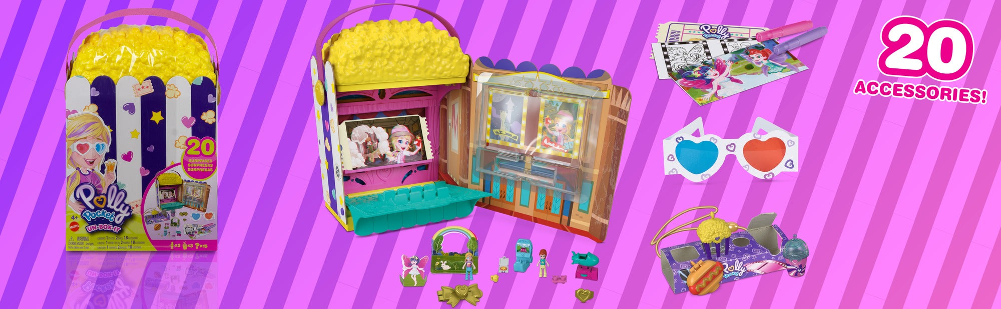 Coffret Popcorn Surprises de Polly Pocket, cornet à popcorn qui cache un  mini-cinéma 