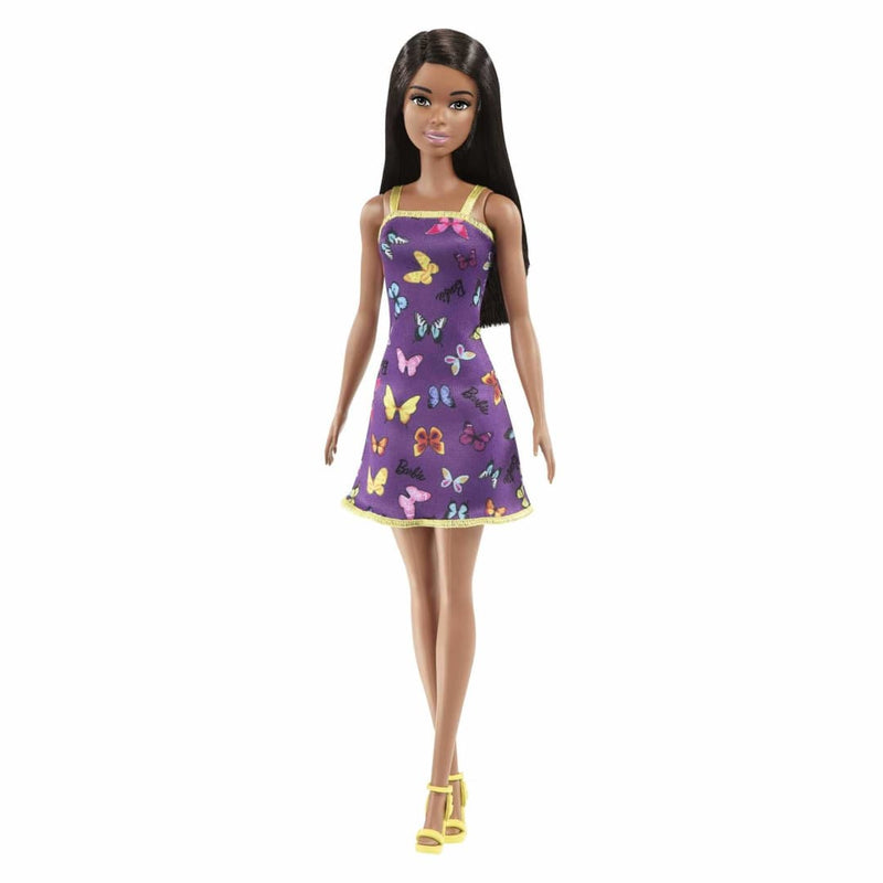 Barbie Doll with Dark Brown Hair, Butterfly Print Purple and Yellow Dress & Heels