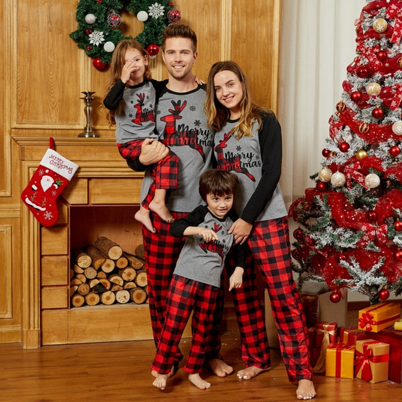 Family Matching Reindeer Plaid Pajamas Set