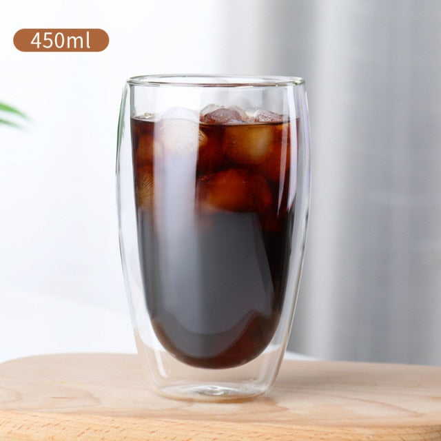450ML) Double Wall Glass Tea Coffee Cup Heat-resistant Clear Glass