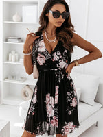 Sleeveless Floral Print Pleated Mini Dress